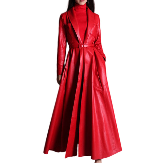 Women’s maxi faux-leather trench coat in red – front view
Belt detail – red faux-leather trench
Side profile – maxi faux-leather trench
Fabric/lining close-up – red faux-leather trench