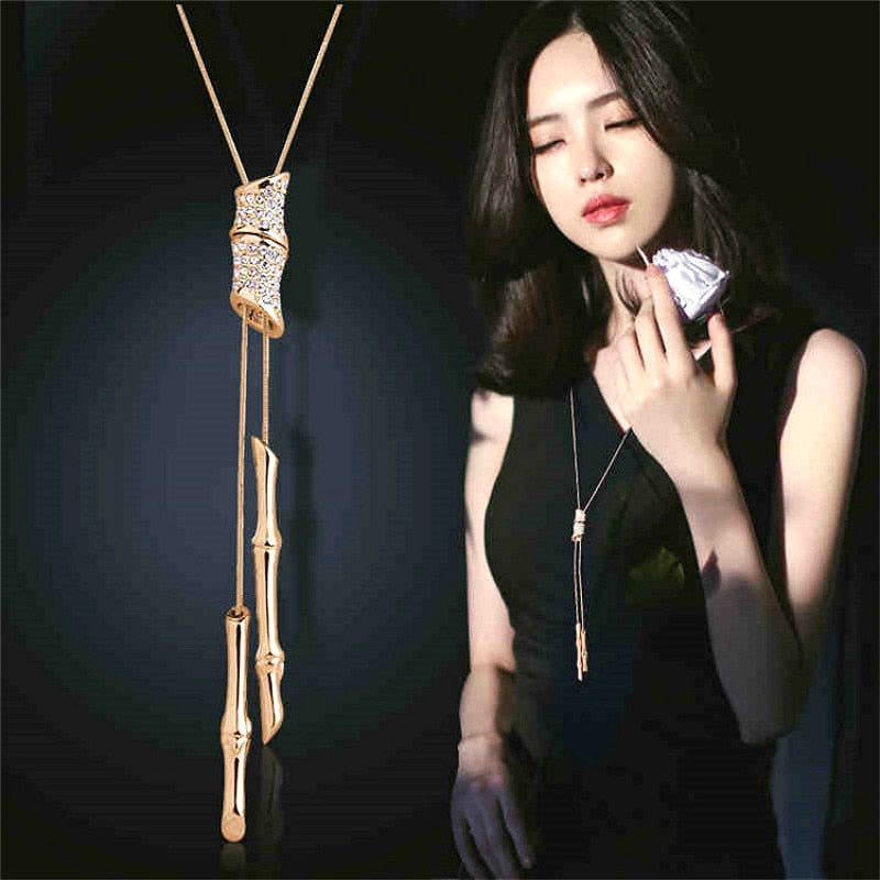 Full Rhinestone Tassel Long Pendant Necklace
