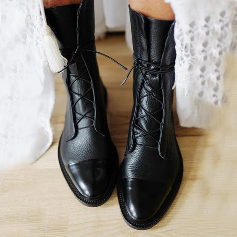 Black leather boots with lace-up-front view