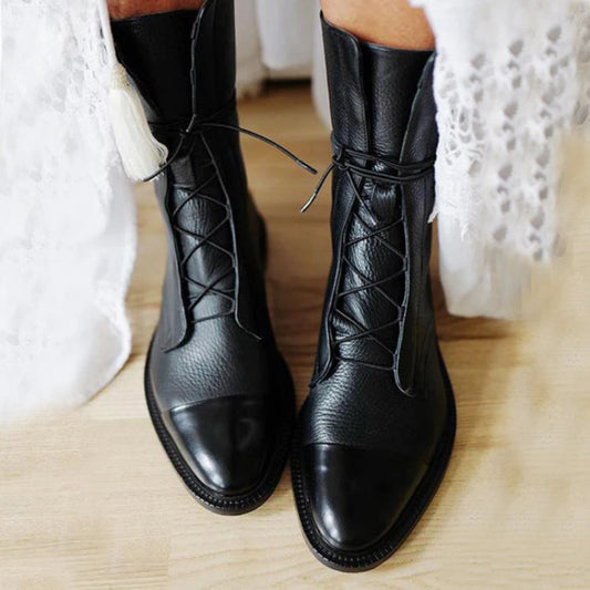 Black leather boots with lace-up-front view