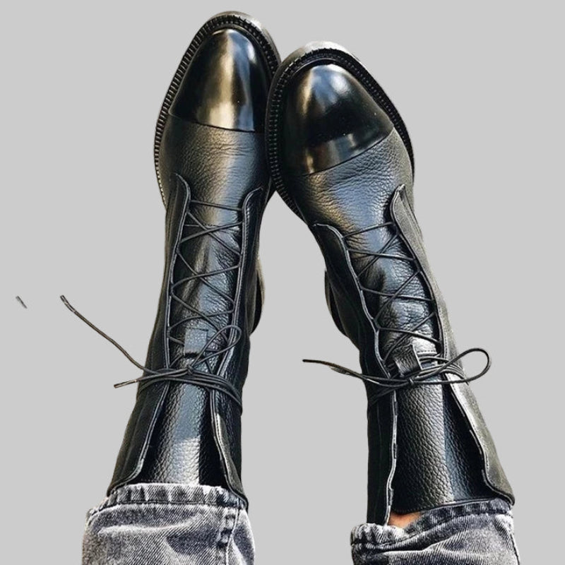 Black leather boots with laces - front view