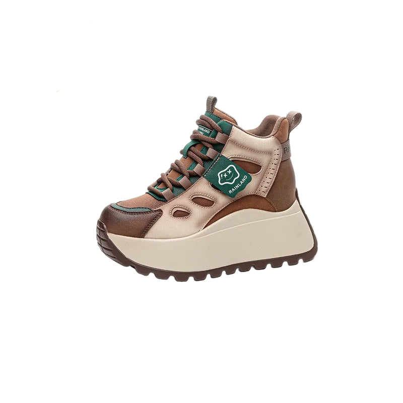 Brown and beige genuine leather sneaker on a white background