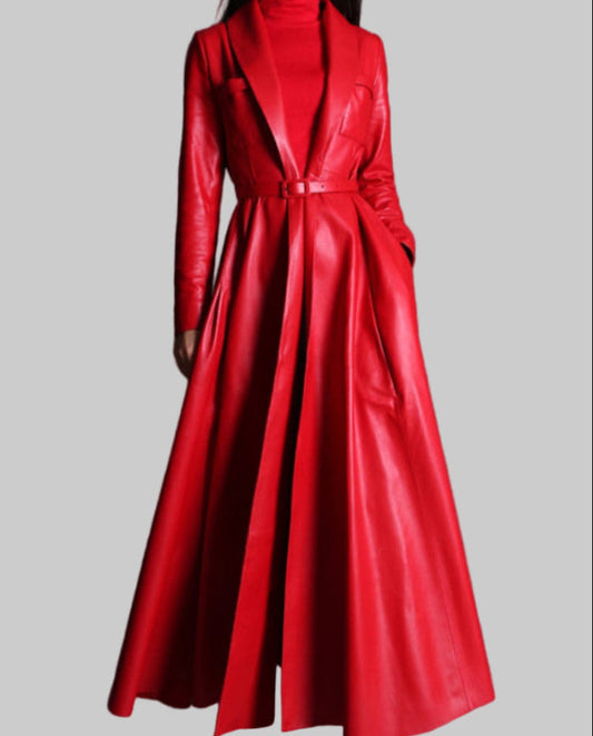 Women’s maxi faux-leather trench coat in red – front view

Belt detail – red faux-leather trench

Side profile – maxi faux-leather trench

Fabric/lining close-up – red faux-leather trench