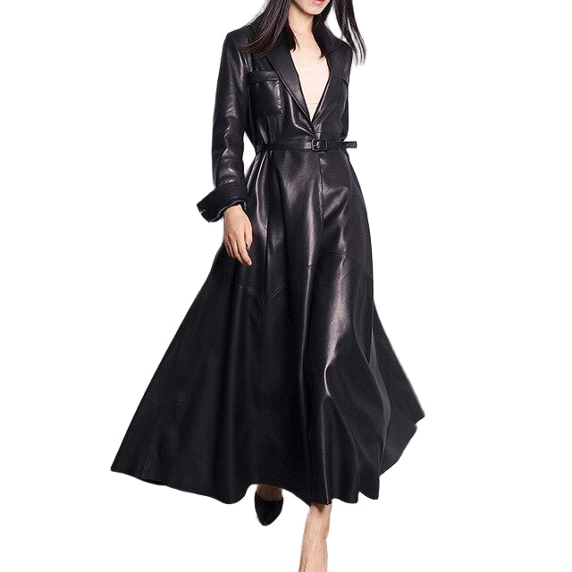 Women’s maxi faux-leather trench coat in black – front view

Belt detail – black faux-leather trench

Side profile – maxi faux-leather trench

Fabric/lining close-up – red faux-leather trench
