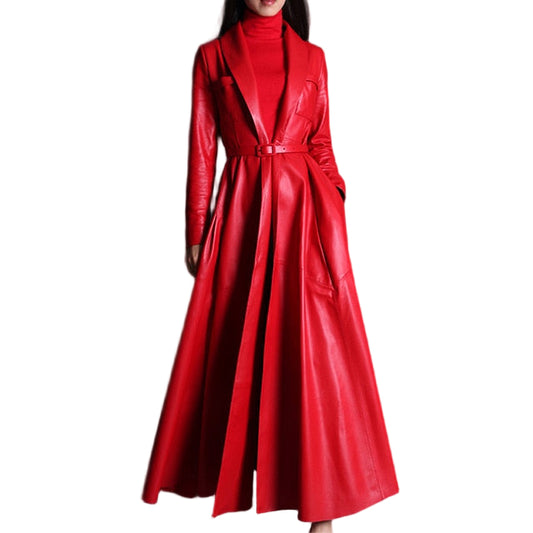 Women’s maxi faux-leather trench coat in red – front view

Belt detail – red faux-leather trench

Side profile – maxi faux-leather trench

Fabric/lining close-up – red faux-leather trench